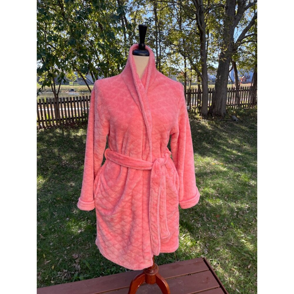 Womens Coral Pink Plush Fleece Bathrobe With Belt & Pockets By Just Love M
